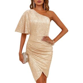 Fisoew Womens Sequin Dress One Shoulder Bodycon Bell Short Sleeve Wrap Party Formal Dresses
