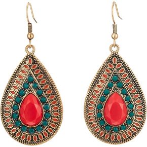 Boho Handmade Earrings for Women Girls Trendy Vintage Bohemian National Antique Gold Plated Teardrop Retro Red Green Rhinestone Dangle Drop Earrings Jewelry Gifts