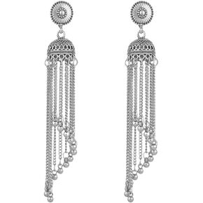 Traditional Indian Jhumka Earrings Charm Long Tassel Bell Exaggerated Drop Earring Traditional Bollywood Ethnic Gypsy Jewelry Bohemian Jhumki Dangling Earring for Women Girls Oxidized Antique Stetament