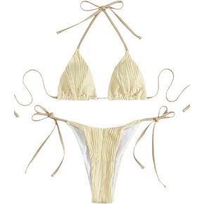 GORGLITTER Women's High Cut Swimsuit Triangle Halter Tops Tie Side Thong Bikini Set Textured Bathing Suit