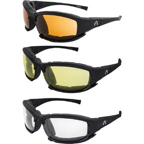 Alpha Omega AO3 Motorcycle Sunglasses Foam Padded Riding Safety Glasses Z87.1 Convertible to Goggles for Men or Women 3 Pair Black Frame w/Amber Clear & Yellow Lenses