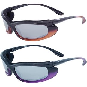 Global Vision Shadow Foam-Padded Motorcycle Sunglasses Riding Glasses for Men & Women 2 Pairs Two-Tone Black/Orange & Black/Purple Frames w/Flash Mirror Lenses
