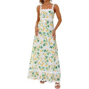 Women's Classy Sleeveless Lemon Print Maxi RIC Rac Dress