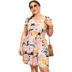Womens Plus Size Casual V Neck Dress Loose Swing Ruffle Summer Boho Midi Dress with Pockets