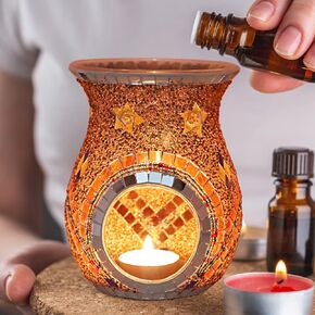 SHMILMH Essential Oil Burner, Incense Aromatherapy Oil Diffuser, Fragrance Warmer, Mosaic Glass Tealight Candle Holder Burners for Home Room Decor, Orange, 5.5" H