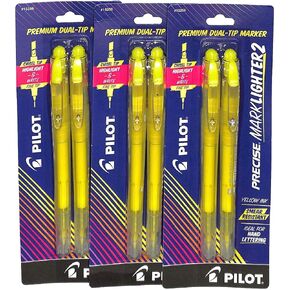 PILOT (3) Precise Marklighter 2 Yellow Highlighter Premium Dual-Tip 2 Pack (15256)