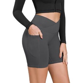 ODODOS Cloud Feeling Cross Waist Yoga Shorts with Pockets for Women, 6" Crossover High Waist Lounge Biker Shorts
