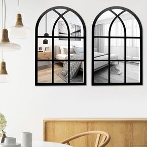 2PCS Arched Window Wall Mirror,16.5x10.6 Inches Rustic Farmhouse Accent Mirror, Wood Framed Entry Mirror Windowpane Acrylic Mirror for Living Room,Bathroom,Bedroom,Kitchen,