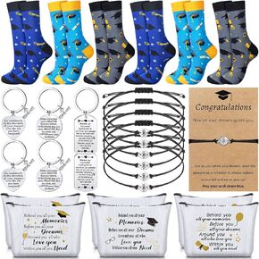 Jiuguva 24 Pcs Graduation Gifts Set Include 6 Graduation Socks 6 Graduation Makeup Bags 6 Graduation Keychains 6 Graduation Compass Bracelets Congrats Grad Class of 2024 Graduation Gift for Her Him