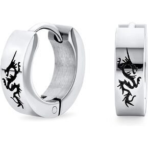 Biker Jewelry Small Laser Etched Cross Dragon Light Bolt Stars Eagle Skulls Lizard Greek Key Hoop Kpop Huggie Earrings For Men Women Teen Black IP Silver Gold Tone Plated Stainless Steel .50" Diameter
