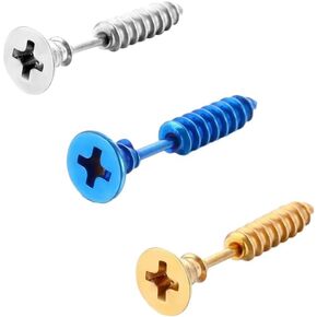 Unisex Stainless Steel Stud Screw Earrings 3 Pack Gold Black Silver Blue Rainbow Pink Green Purple | Unique Rock Jewelry | Trendy Popular Style