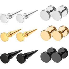 Fake Black Spike Stud Earrings for Men Women-Stainless Steel Fake Faux Plugs Punk Earrings,6 Pairs