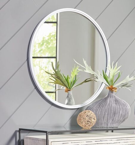 Signature Design by Ashley Brocky 32" Contemporary Round Wall Mounted Accent Mirror, White in Saudi Arabia