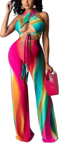 Ekaliy Two Piece Outfits for Women Sexy Halter Criss Cross Crop Tops and Wide Leg Pants Sets Halter Jumpsuits in Saudi Arabia