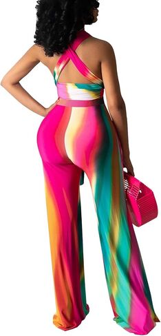 Ekaliy Two Piece Outfits for Women Sexy Halter Criss Cross Crop Tops and Wide Leg Pants Sets Halter Jumpsuits in Saudi Arabia