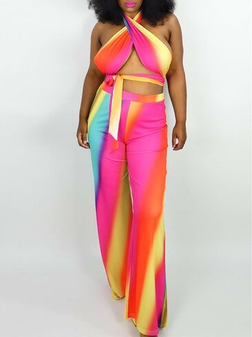 Ekaliy Two Piece Outfits for Women Sexy Halter Criss Cross Crop Tops and Wide Leg Pants Sets Halter Jumpsuits in Saudi Arabia