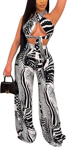Ekaliy Two Piece Outfits for Women Sexy Halter Criss Cross Crop Tops and Wide Leg Pants Sets Halter Jumpsuits in Saudi Arabia