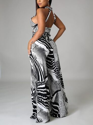 Ekaliy Two Piece Outfits for Women Sexy Halter Criss Cross Crop Tops and Wide Leg Pants Sets Halter Jumpsuits in Saudi Arabia