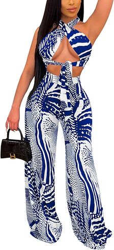 Ekaliy Two Piece Outfits for Women Sexy Halter Criss Cross Crop Tops and Wide Leg Pants Sets Halter Jumpsuits in Saudi Arabia