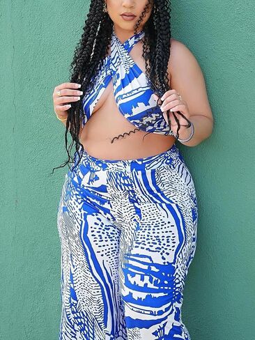 Ekaliy Two Piece Outfits for Women Sexy Halter Criss Cross Crop Tops and Wide Leg Pants Sets Halter Jumpsuits in Saudi Arabia