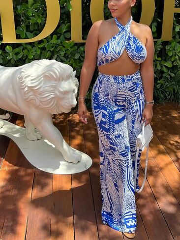 Ekaliy Two Piece Outfits for Women Sexy Halter Criss Cross Crop Tops and Wide Leg Pants Sets Halter Jumpsuits in Saudi Arabia