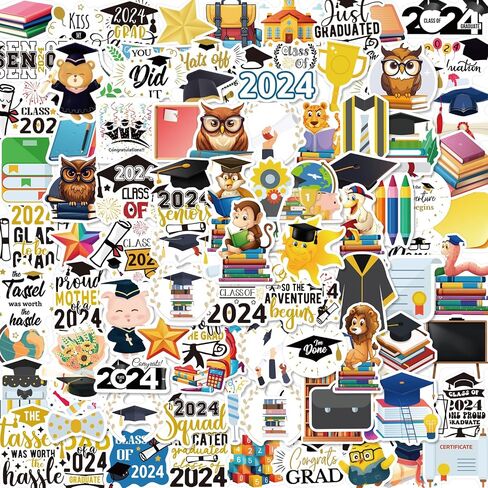 Graduation Stickers 2024 Grad Class of 2024 Stickers for Graduation Party Decorations Vinyl Waterproof Scrapbook Stickers for Kids Graduates Water Bottle Laptop Decor Favors 100Pcs in Saudi Arabia