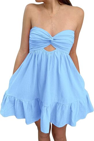 فستان Meladyan نسائي بعقدة ملتوية على شكل أنبوبة سادة بدون حمالات بدون ظهر فساتين قصيرة صيفية مكشكشة مجوفة للشاطئ باللون الأزرق in Kuwait