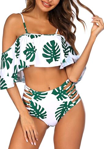 بدلة سباحة نسائية من قطعتين من ADOME بيكيني عالي الخصر للتحكم في البطن بدون أكتاف مكشكشة in Kuwait