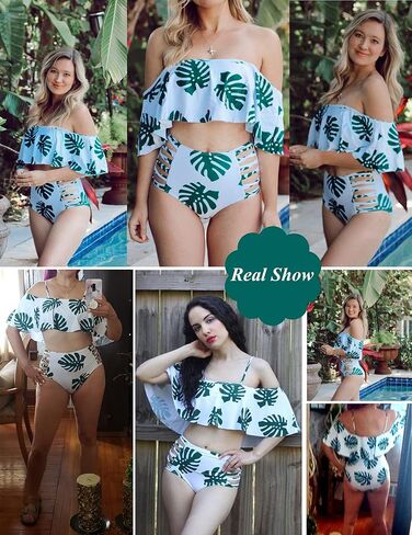 بدلة سباحة نسائية من قطعتين من ADOME بيكيني عالي الخصر للتحكم في البطن بدون أكتاف مكشكشة in Kuwait