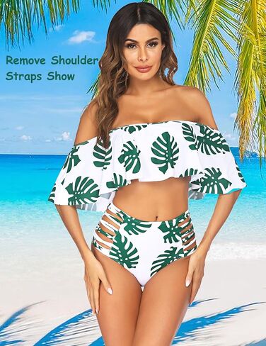 بدلة سباحة نسائية من قطعتين من ADOME بيكيني عالي الخصر للتحكم في البطن بدون أكتاف مكشكشة in Kuwait