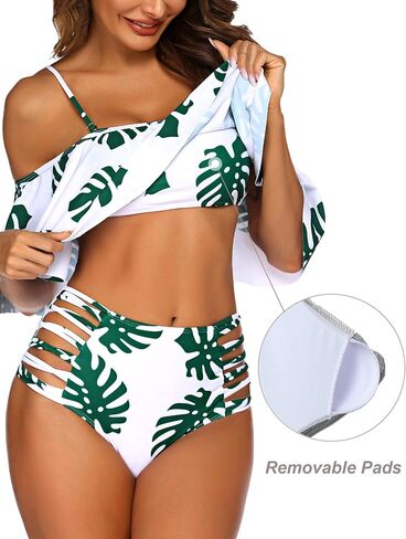 بدلة سباحة نسائية من قطعتين من ADOME بيكيني عالي الخصر للتحكم في البطن بدون أكتاف مكشكشة in Kuwait