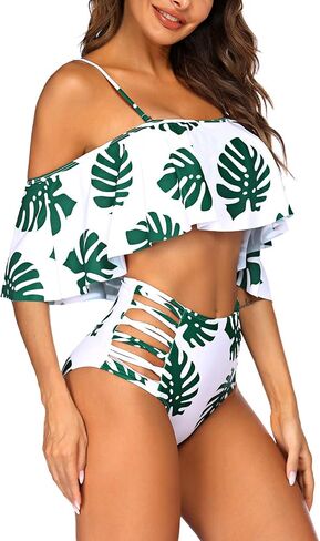 بدلة سباحة نسائية من قطعتين من ADOME بيكيني عالي الخصر للتحكم في البطن بدون أكتاف مكشكشة in Kuwait