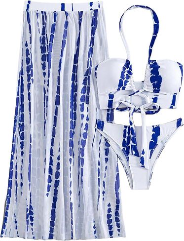 SOLY HUX Women's Tie Dye Halter Bikini Bathing Suit Summer Swimsuit with Cover Up Beach Skirt 3 Piece Set in Saudi Arabia