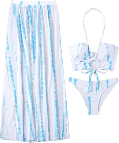 SOLY HUX Women's Tie Dye Halter Bikini Bathing Suit Summer Swimsuit with Cover Up Beach Skirt 3 Piece Set in Saudi Arabia