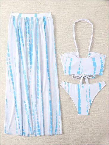 SOLY HUX Women's Tie Dye Halter Bikini Bathing Suit Summer Swimsuit with Cover Up Beach Skirt 3 Piece Set in Saudi Arabia