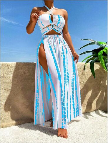 SOLY HUX Women's Tie Dye Halter Bikini Bathing Suit Summer Swimsuit with Cover Up Beach Skirt 3 Piece Set in Saudi Arabia
