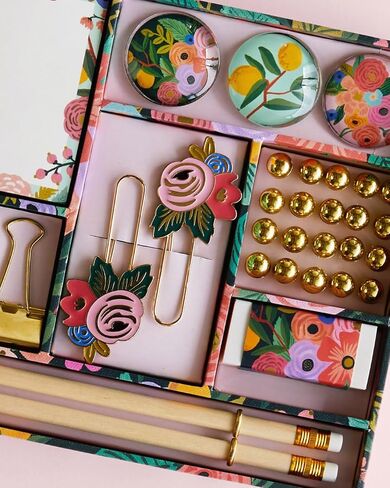 Rifle Paper CO. Tackle Box | Home Desk and Office Supply Kit, Stay Organized with Pencils, Push Pins, Binder Clips, Paper Clips, Magnets and More, Garden Party in Saudi Arabia