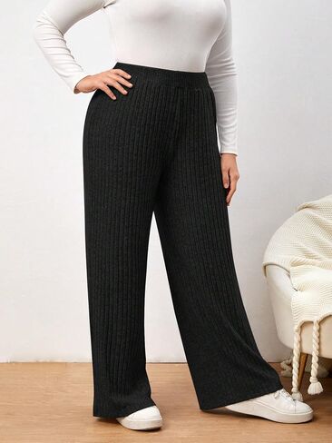 Verdusa Women's Solid Elastic Waist Ribbed Wide Leg Pants Casual Lounge Pants in Saudi Arabia