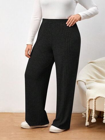 Verdusa Women's Solid Elastic Waist Ribbed Wide Leg Pants Casual Lounge Pants in Saudi Arabia