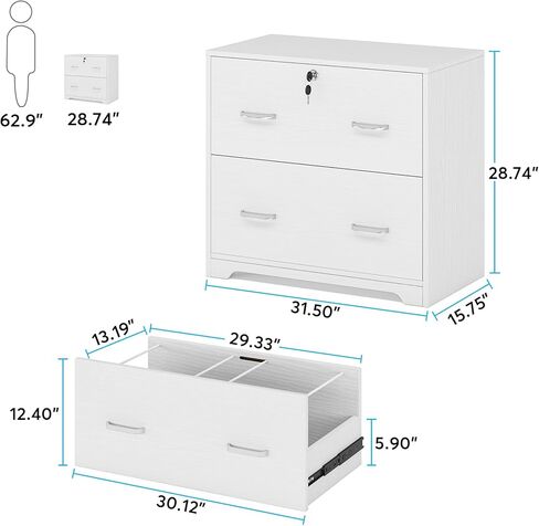 Lateral File Cabinet with 2 Drawers, 31.5 Inches Large Filing Cabinet for Hanging Letter/Legal/F4/A4 Size Files with Lock, Home Office, White in Saudi Arabia
