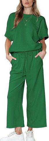 Women's 2 Piece Outfits Lounge Sets Summer Textured Batwing Sleeve Pullover Tops Wide Leg Pant Set in Saudi Arabia