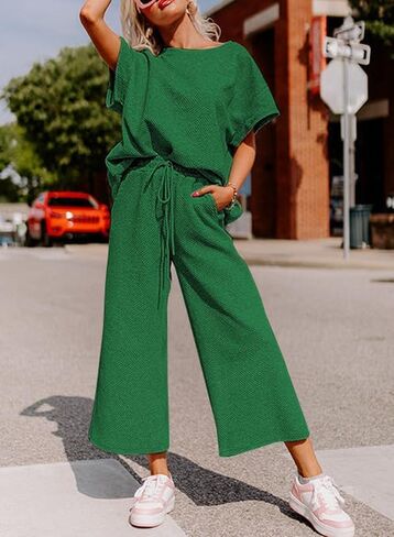 Women's 2 Piece Outfits Lounge Sets Summer Textured Batwing Sleeve Pullover Tops Wide Leg Pant Set in Saudi Arabia
