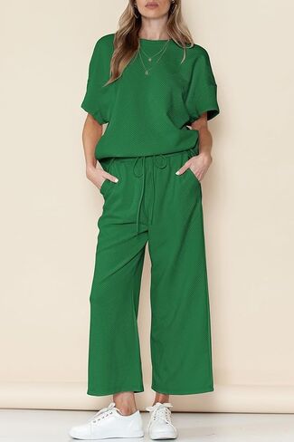 Women's 2 Piece Outfits Lounge Sets Summer Textured Batwing Sleeve Pullover Tops Wide Leg Pant Set in Saudi Arabia