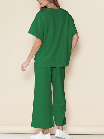 Women's 2 Piece Outfits Lounge Sets Summer Textured Batwing Sleeve Pullover Tops Wide Leg Pant Set in Saudi Arabia