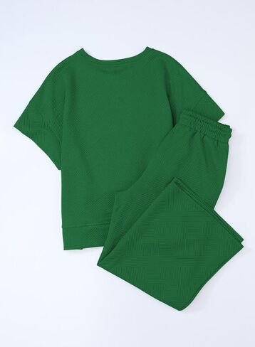 Women's 2 Piece Outfits Lounge Sets Summer Textured Batwing Sleeve Pullover Tops Wide Leg Pant Set in Saudi Arabia
