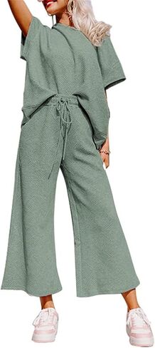 Women's 2 Piece Outfits Lounge Sets Summer Textured Batwing Sleeve Pullover Tops Wide Leg Pant Set in Saudi Arabia