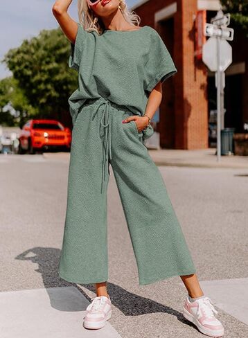 Women's 2 Piece Outfits Lounge Sets Summer Textured Batwing Sleeve Pullover Tops Wide Leg Pant Set in Saudi Arabia