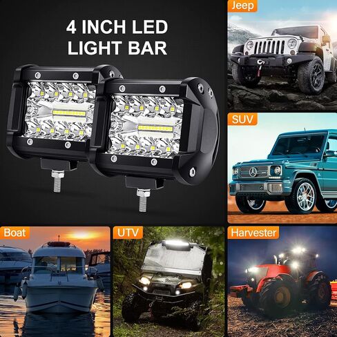 2 قطعة LED ضوء القرون 4 بوصة LED ضوء شريط أضواء الضباب 120 واط أضواء القيادة على الطرق الوعرة 1200LM الصف الثلاثي بقعة الفيضانات كومبو IP67 مقاوم للماء LED ضوء العمل للشاحنات قارب عربة الغولف SUV ATV UTV in Kuwait