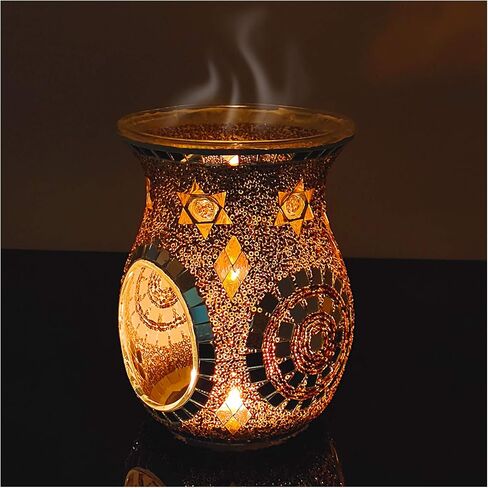 SHMILMH Essential Oil Burner, Incense Aromatherapy Oil Diffuser, Fragrance Warmer, Mosaic Glass Tealight Candle Holder Burners for Home Room Decor, Orange, 5.5" H in Saudi Arabia