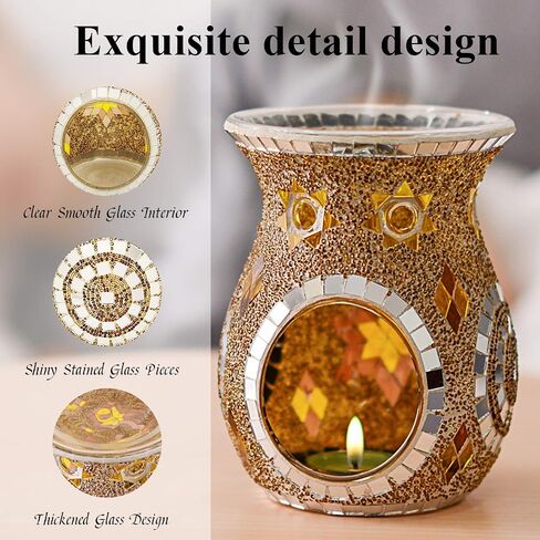 SHMILMH Essential Oil Burner, Incense Aromatherapy Oil Diffuser, Fragrance Warmer, Mosaic Glass Tealight Candle Holder Burners for Home Room Decor, Orange, 5.5" H in Saudi Arabia
